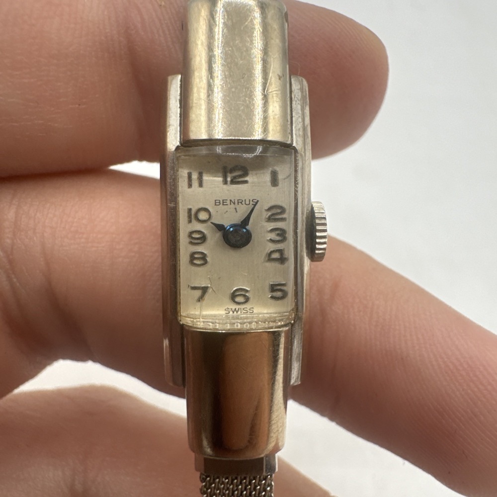 Vtg Benrus 10k White Gold Filled Swiss Wind Up Ladies Bracelet Watch Working
